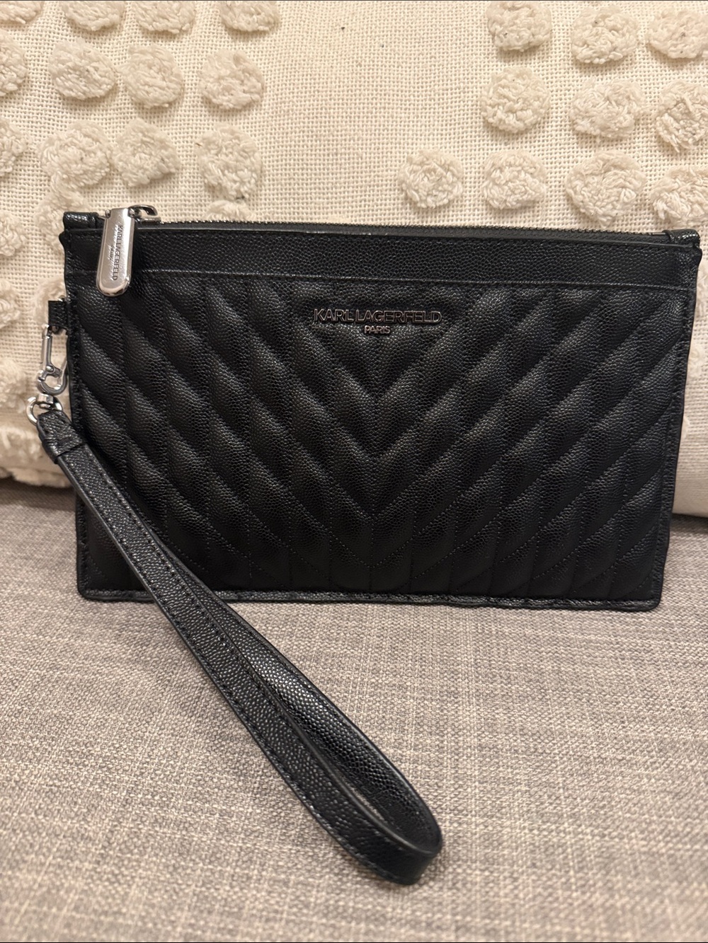 Karl Lagerfeld Black Quilted Leather Wristlet Clutch with Detachable Strap
